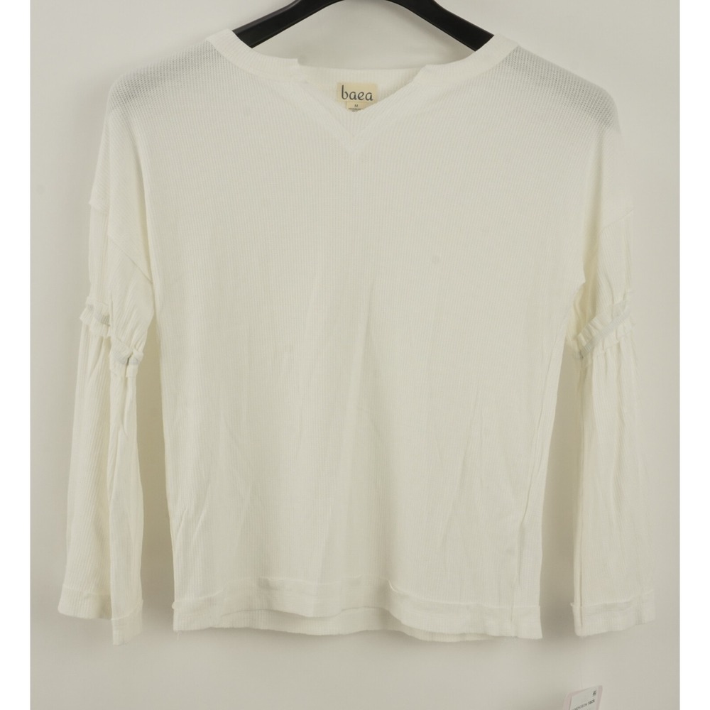 New Baea Womens Size S White Split Neck Ruffle Flare Sleeve Thermal Pullover Top